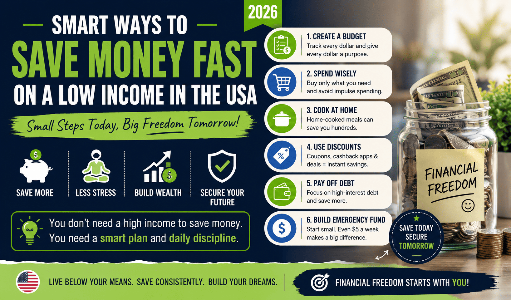 How can I save money fast on a low income in the USA?